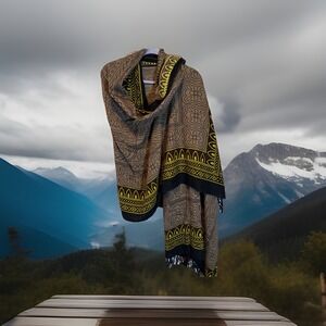 DX Danaxu 100% Wool Scarf Shawl Wrap Black Tan Yellow Tribal Boho Fringe